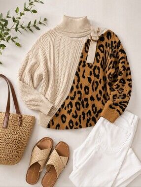 ANDREE by Unit Colorblock Leopard Print Cable Knit NWT Sweater Women's